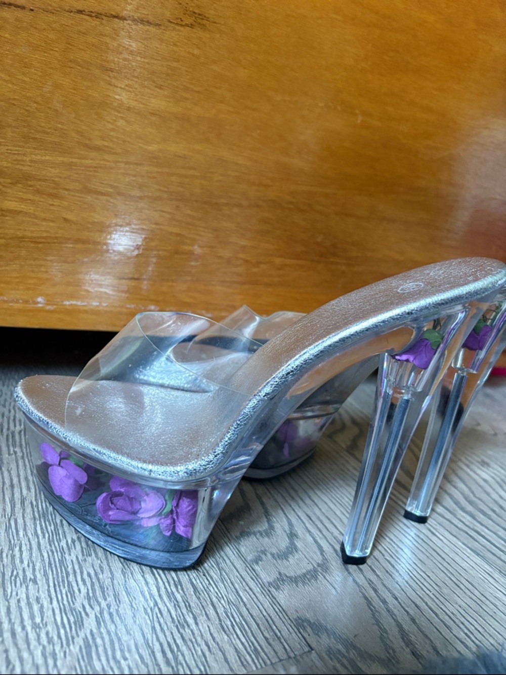 Clear Platform Heels with embedded Purple Flowers